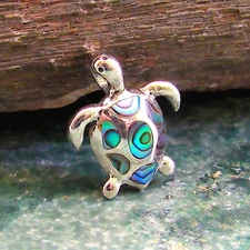 Solid 925 Sterling Silver & Rainbow Abalone / Paua Shell Turtle Slide Pendant