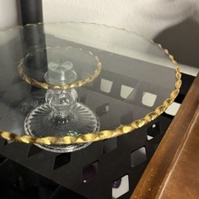 Clear Glass Round Pedestal Cake Stand with Scalloped Gold Rim