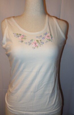 LAT Sportswear Woman's White Hand Painted Floral Design Tank Top Shirt Medium