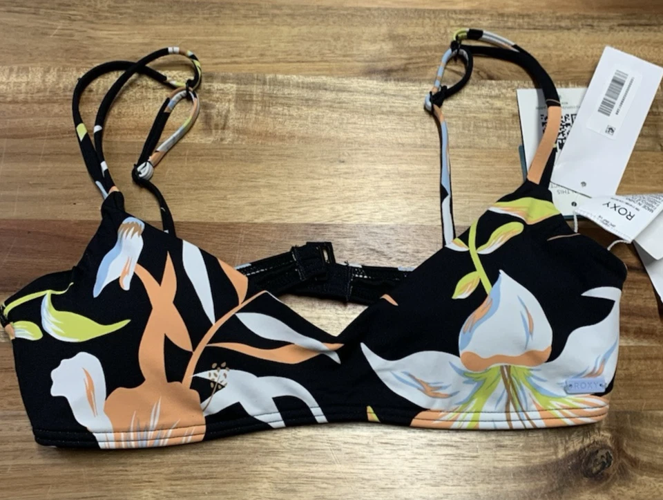 Roxy Small Bikini Top Juniors Hibiscus Wave V-Neck Anthracite  NEW - Image 2 of 4