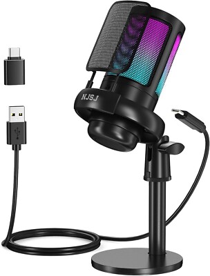 NJSJ USB Mikrofon für PC, RGB Gaming Mikrofon mit Stummschalttaste, Kondensatormikrofon
