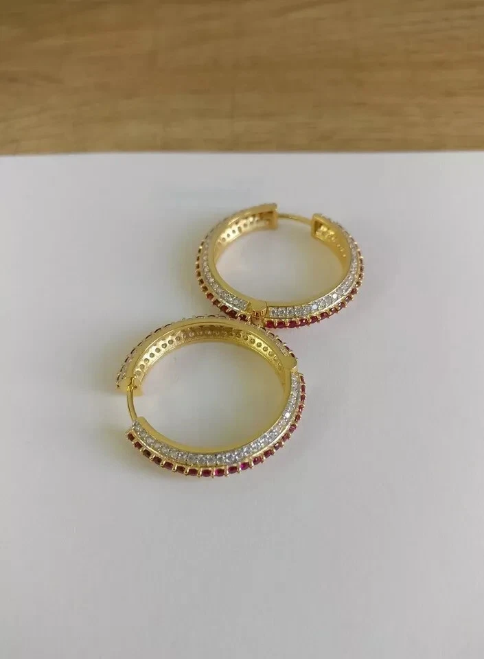 2Ct Round Lab-Created Ruby Diamond Huggies Hoop Earrings 14K Yellow Gold Plated - Image 4 of 4