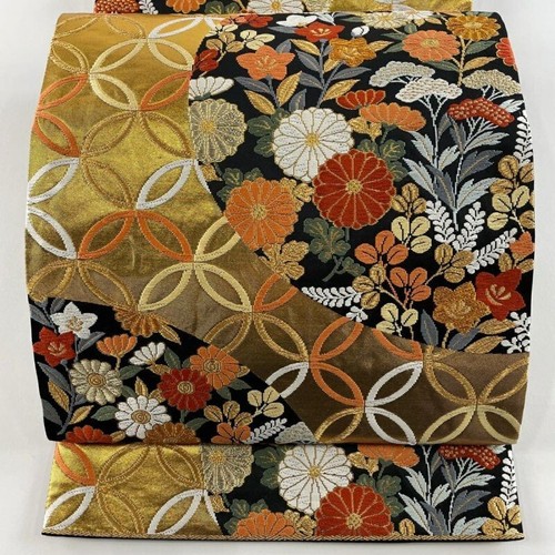 Woman Japanese Kimono Fukuro-obi Silk Shippo Flower Gold Thread Foil Black