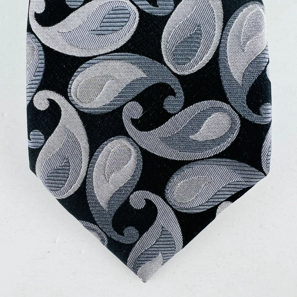 Corbata Croft & Barrow Paisley Gris Negro Plata 100% Seda Foto 3 de 4