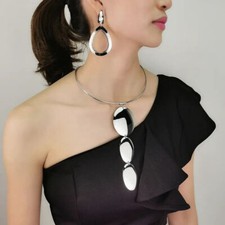 Gold  Silver Jewelry Set, Pendant Choker Necklace with Hook Earrings for Women