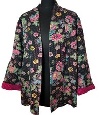 ✫vintage *east Artisan* Black Floral Hand Block Printed Kantha Quilted Jacket✩