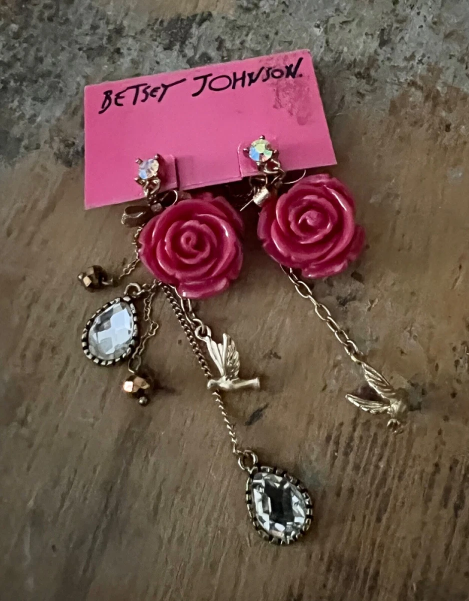 Vintage Betsey Johnson Rose Earrings Pink and Crystal eBay