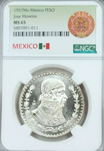 1957 MEXICO SILVER 1 PESO JOSE MORELOS NGC MS 65 FIRST YEAR SMOOTH LUSTER GEM