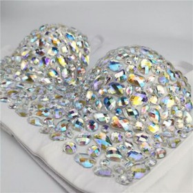 Women AB Colored Rhinestone Bustier Crop Top Strap Push Up Corset 