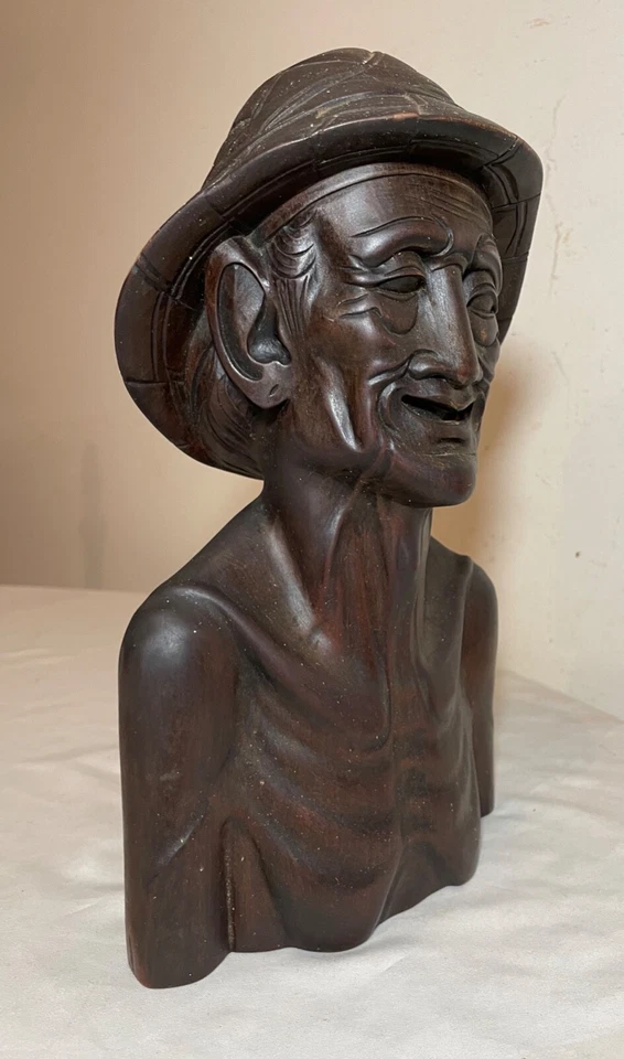 Antiguo busto escultura estatua busto anciano balinés madera tallada a mano Foto 4 de 4