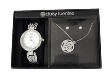 SET OF 3 PCS SILVER TONE PAVE CRYSTALS PENDANT NECKLACE,STUD EARRINGS,MOP WATCH