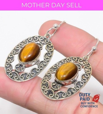 Natural Tiger'S Eye Birthday Engagement Dangle Drop Earrings 925 Sterling Silver
