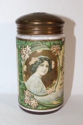 Antique 1910s Jess Talcum Powder Jar w/ Lid American Arbutus Baltimore Tax Stamp