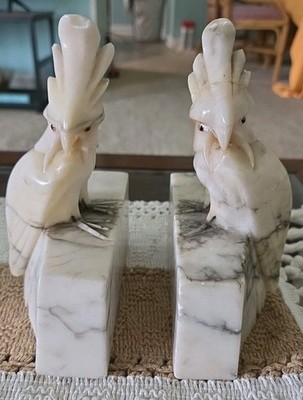 Vtg Italy Pair HAND CARVED 7'' Bookends Alabaster Marble Cockatoo/Parrots Read!! 