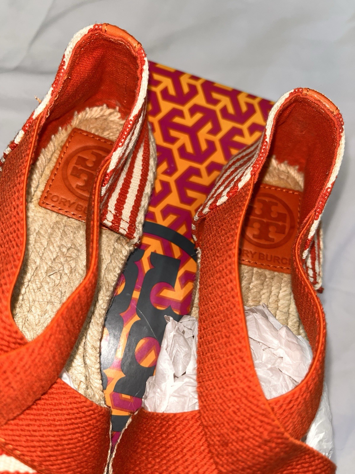 NIB Tory Burch Catalina Espadrille stripe Flame red Orange sandals shoes. 7 thumbnail 5