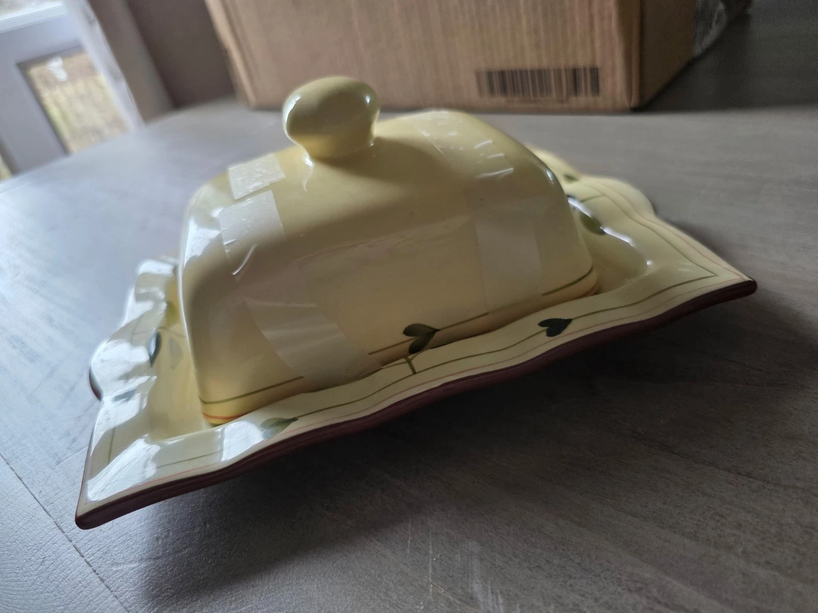 vintage Butter Dish pale yellow glaze hand-painted heart motifs scalloped edge