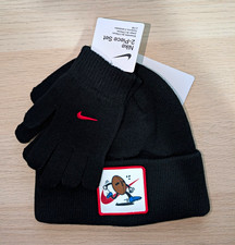Nike Boys Black/Red Knit Beanie Gloves 2-Piece Set Swoosh Logo One Size