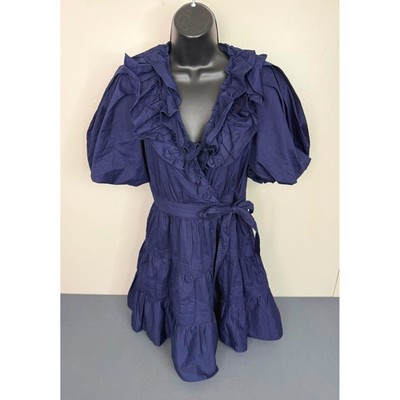 En Saison Women's Puff Sleeve Ruffled Mini Wrap Dress Blue Size XS 90s
