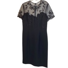 Alice + Olivia Black Embroidered Mesh Yoke Sheath Cocktail Dress Large Glam New