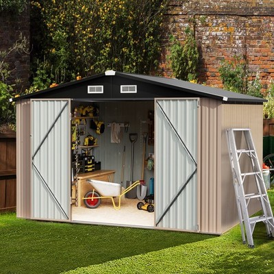 10x8 FT Brown Metal Storage Shed Gable Roof Double Doors w/ Vents Outdoor