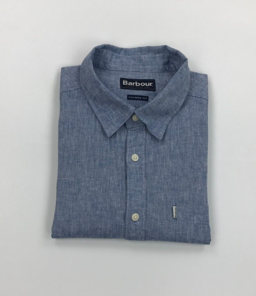 Men's Blue White Barbour Shirt XL Extra Large Tailored Fit Linen Rowlock A