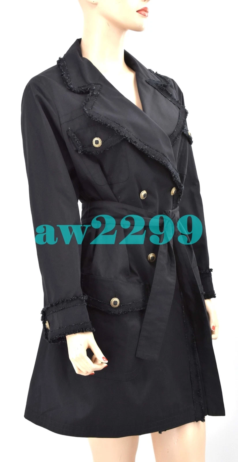 TRENCH CHANEL 10S 2010 PIÙ RICERCATO TWEED FRANGE CON FINITURE CINTURA FR 34 NERO