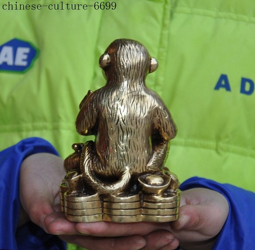 4'' China brass Chinese Zodiac animal peach monkey wealth coin Feng Shui statue - Picture 5 of 7