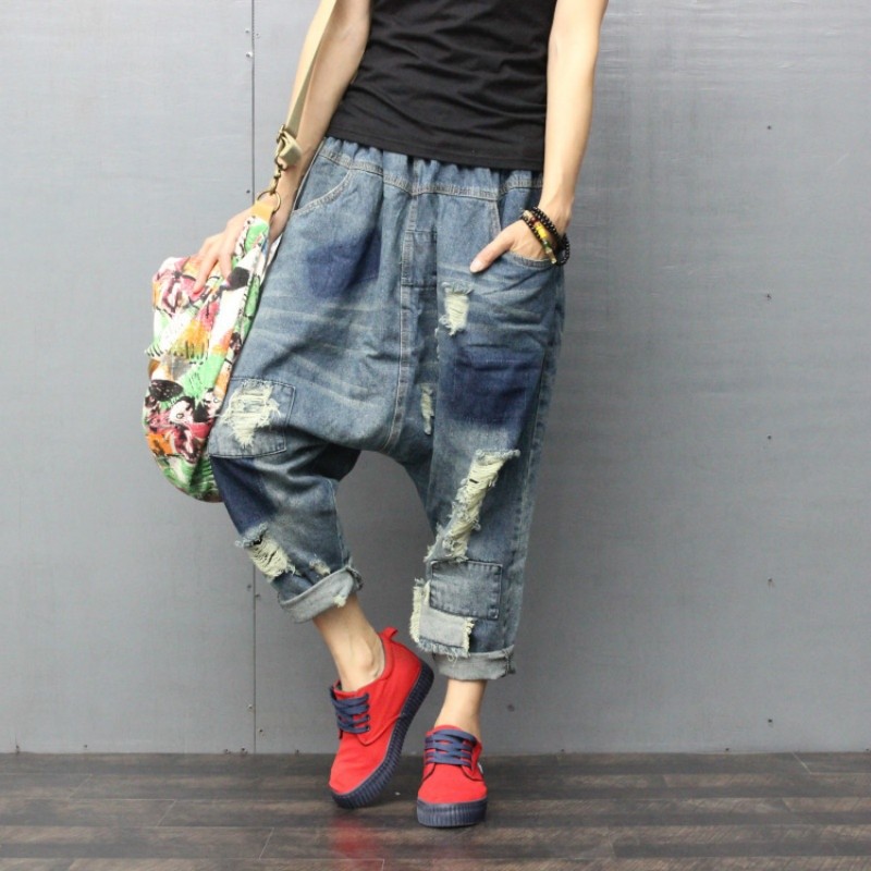 Lady Faded Distressed Jeans Drop Crotch Baggy Denim Trousers Pant