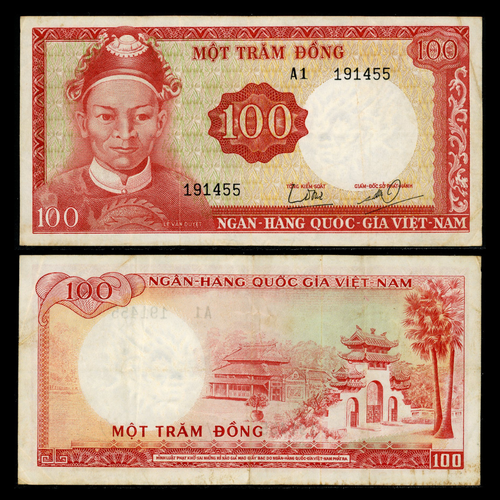 1966 South Vietnam 100 Dong 19a Demon Watermark FIRST PREFIX A1 - Foto 1 di 3