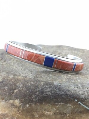 Native Spiny Oyster & Lapis Inlay Navajo Sterling Silver Bracelet 4544