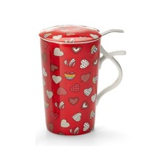 Teetasse m. Tee-Sieb u. Deckel rot Herzen Tea for one Kräuterteetasse Porzellan