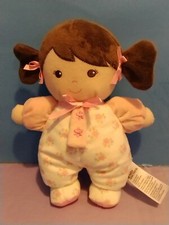 Baby Starters Olivia Rattle Doll Plush Floral Pink Brown Hair Pigtails 9"