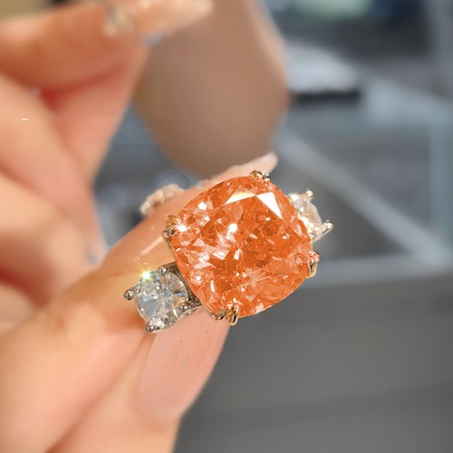 New 14mm Ice Flower Cut Orange Morganite Gemstone Charm Silver Women Girl Ring - Picture 5 of 6