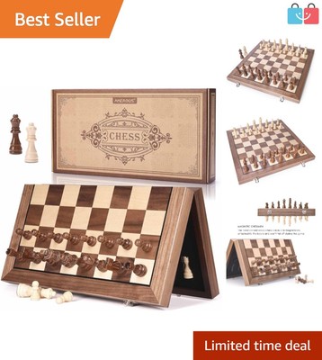 Elegant 15.5 Inch Magnetic Wooden Chess Set with Extra Queens - Portable Fun