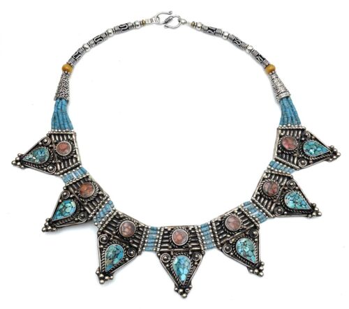 VTG Handmade Tibetan Inlay Turquoise Silver plate Red Coral Bib Collar Necklace - Picture 2 of 7