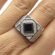 925 Sterling Silver Real Black Onyx Gemstone  C Z Ring Size 9.25