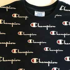Champion Sweatshirt All Over Spell Out Reverse Weave Navy Blue Crewneck Womens M