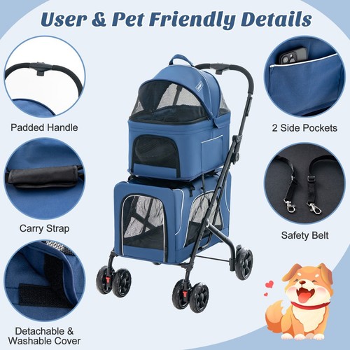Foldable Double Pet Stroller with Detachable Carriers for Dogs and Cats, Blue - Picture 11 of 11