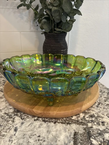 Vintage Indiana Iridescent Carnival Glass Green Grape Fruit Footed Bowl 12"
