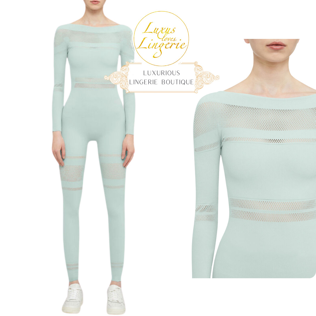 Net Lines Jumpsuit By Wolford L Aqua Mint Ganzkörper Catsuit Netz Transparent