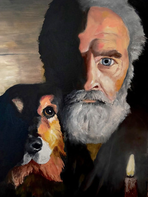 Painting portrait of man with his dog on 18 x 24'' canvas by R.W.Weiss