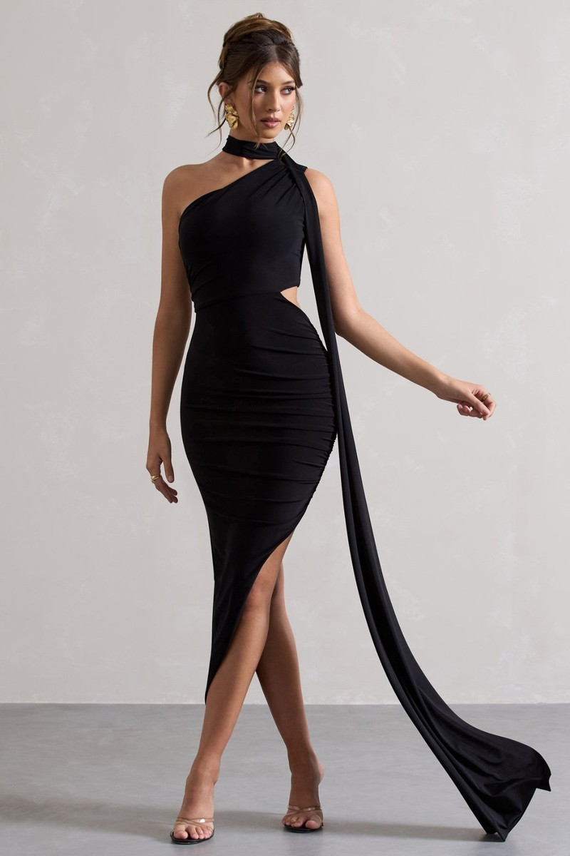 Club L Icon Black Asymmetric Cut-Out Maxi Dress With Scarf BLACK - Main Image