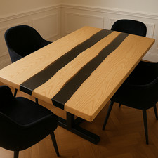 Black Epoxy River Table Top - Live Edge Acacia Wood | Handmade Resin Dining Desk