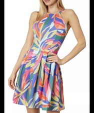 Vince Camuto Printed Scuba Halter Dress Women Size 14 Side Pockets Multicolor