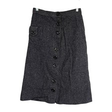 Vintage Grey Wool Textured Knit Button Front A-Line Midi Skirt High Waisted Grey