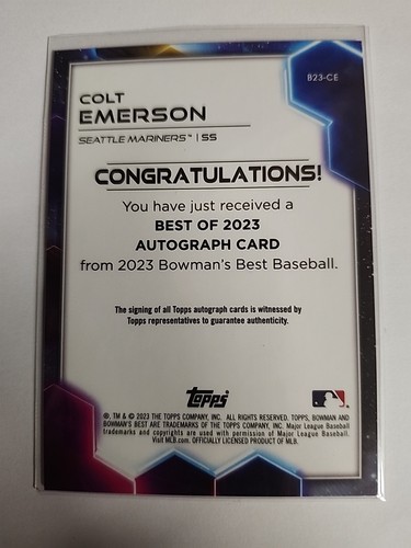 2023 Bowman's Best Colt Emerson #B23-CE Prospect Auto Mariners Rookie RC - Foto 3 di 5