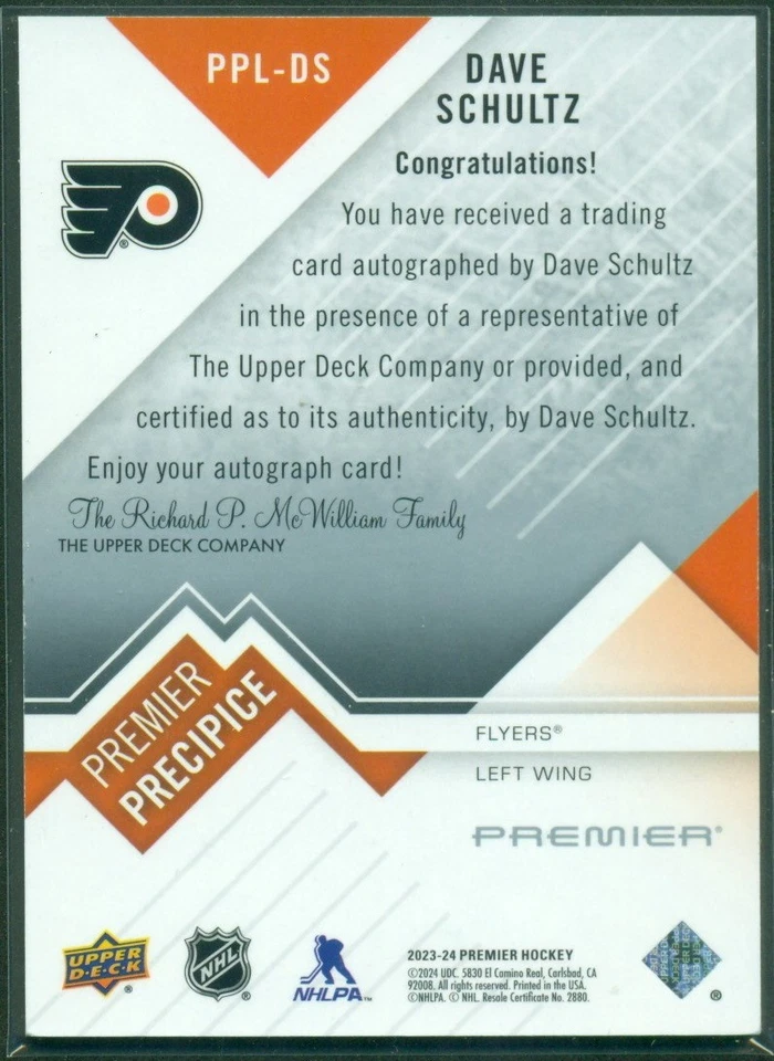 2023-24 Upper Deck Premier Premier Precipice Autograph DAVE SCHULTZ Flyers - Image 2 of 2