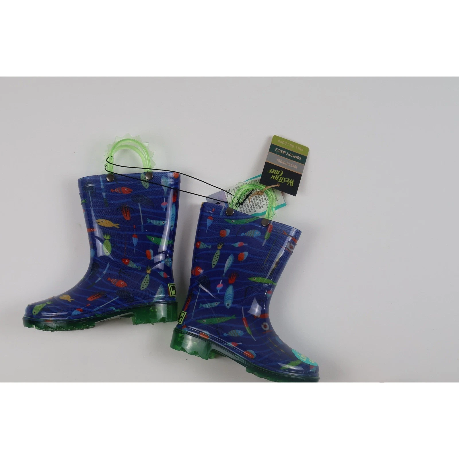 Western Chief Boys Rain Boots Fishing Lure Light Up Blue Green 11/12 NWT