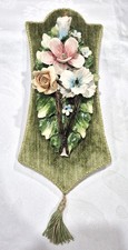 VTG 60s Italy Capodimonte Floral Wall Plaque Porcelain Flowers Green Velvet 13