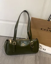 Coach CBJ05 Asher Shoulder Bag Shiny Crinkle Leather Dark Green Women NEW